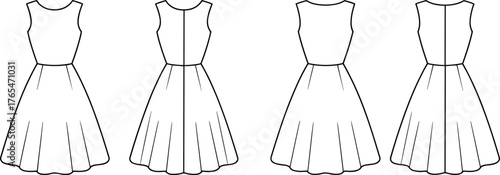 Fashion dress technical flat sketch, sleeveless dress front and back view, garment design template, vector fashion illustration, clothing pattern drawing