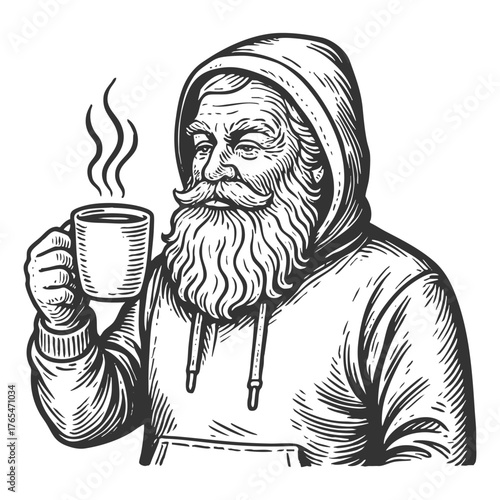 Santa Claus in a hoodie sipping coffee sketch engraving generative ai fictional character vector illustration. Scratch board imitation. Black and white image.