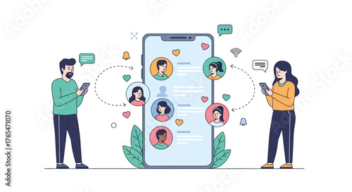 Social media concept of connecting people with profiles on a smartphone screen