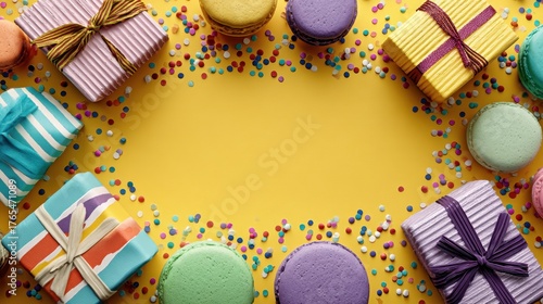 Wallpaper Mural Colorful Gift Boxes and Macarons Surrounded by Confetti on Yellow Background Torontodigital.ca