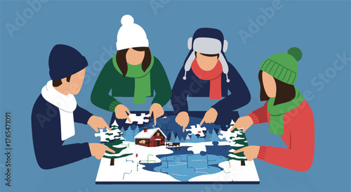 Friends enjoying a cozy winter evening, collaborating on a festive jigsaw puzzle, creating a beautiful snowy landscape scene together