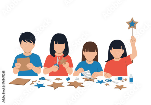 Diverse group of young children actively participating in a collaborative arts and crafts session, fostering creativity and essential learning skills