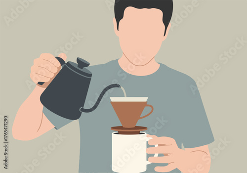 Detailed illustration of a person meticulously brewing pour-over coffee at home, showcasing the precise method of preparing handcrafted hot beverages