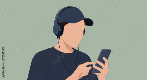 Faceless individual enjoying digital audio content with headphones and smartphone, reflecting modern media consumption