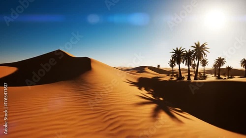 Stunning Desert Oasis with Palm Trees Under a Bright Sun and Clear Blue Sky.