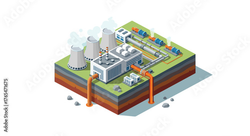 Geothermal Earth Power Plant Map Vector – Renewable Energy Sustainable Power and Eco Industry Illustration