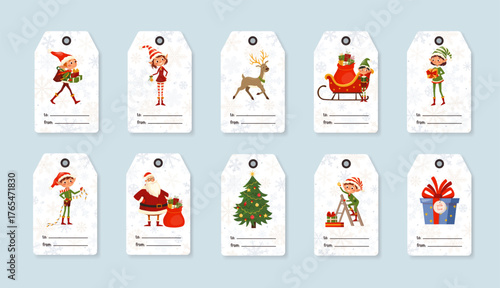 Vector set of Christmas gift tags Santa with sleigh full of gifts, reindeer and cheerful elves, presents Cute winter holiday characters. Collection for holiday packaging, greeting cards, festive decor