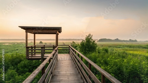 morning bird watching Wooden observation deck overlooking a serene landscape at sunset.