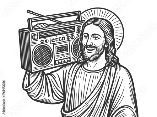 Jesus Christ smiling with sunglasses and boombox, sketch engraving generative ai fictional character vector illustration. Scratch board imitation. Black and white image.