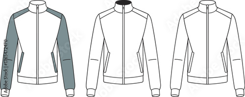 Zip-up jacket sketch, women’s fashion drawing, apparel vector, garment illustration, stand-up collar, front pockets, long sleeves, color block, clothing template, fashion outline