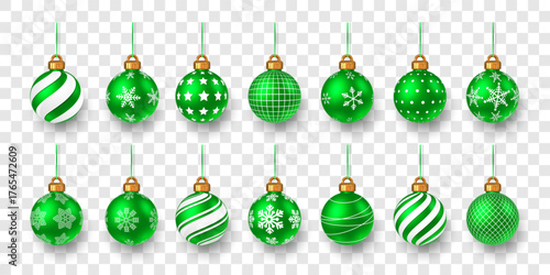Christmas Balls Ornaments Set With Green Glossy Decorations, Snowflakes, Stars, And Stripes Isolated On Transparent Background. Festive Holiday Design. Vector Illustration
