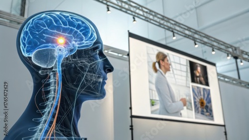 neurotechnology visualization Illustration of a human brain with digital displays, suggesting medical or technological themes.