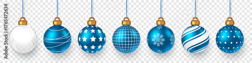 Blue And White Christmas Balls With Golden Caps Hanging On Transparent Background. Realistic Festive Holiday Ornaments For Winter Celebration Design. Vector Illustration