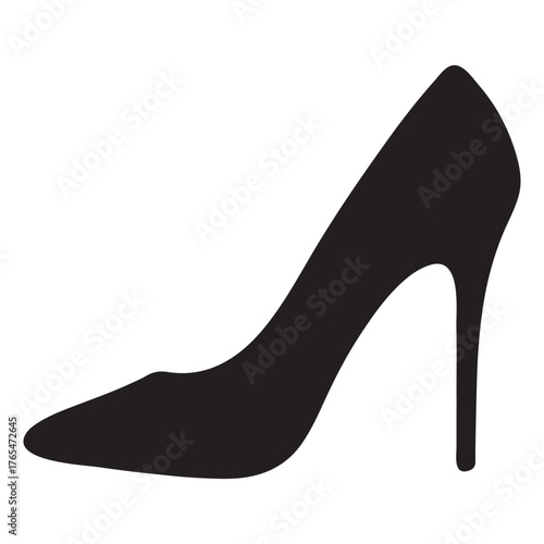 Sleek black silhouette of a high heeled shoe isolated on white background