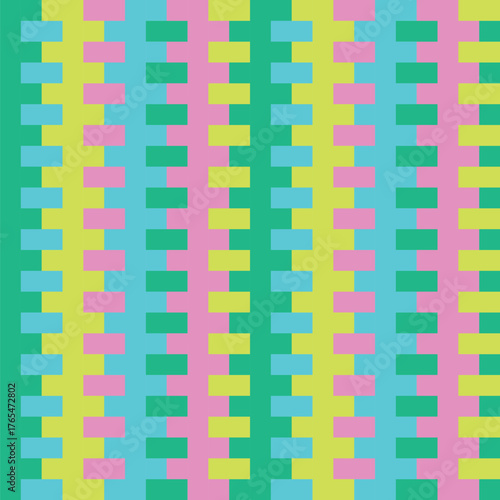 Pattern created from small mint, lime green, neon turquoise blue and lilac rectangles overlapping mint, lime green, neon turquoise blue and lilac stripes