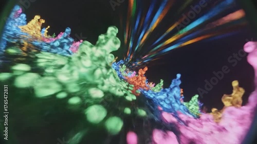 Vibrant Abstract Ink Splashes in Water with Dynamic Light Rays.