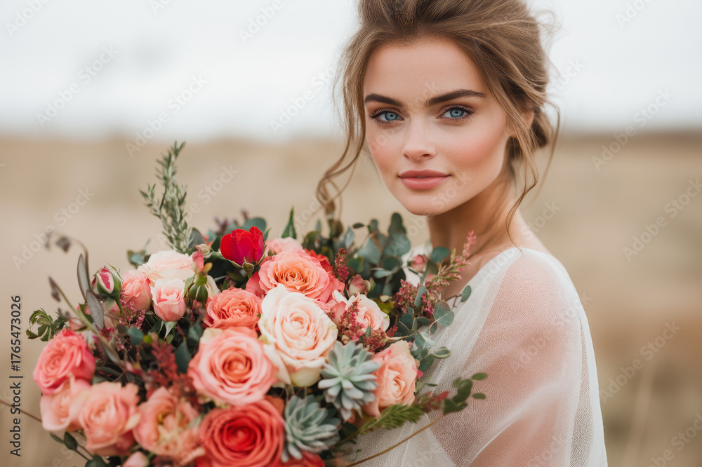 Naklejka premium Close Up Portrait of Woman with Freckles Holding Bouquet in Meadow