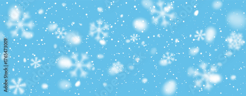 Falling Snow On Blue Background With Soft Glow And Blurred Snowflakes, Perfect For Winter, Christmas, And Holiday Design Projects. Vector Illustration