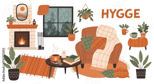 Cozy Hygge Living Room Scene with Fireplace, Armchair, and Potted Plants