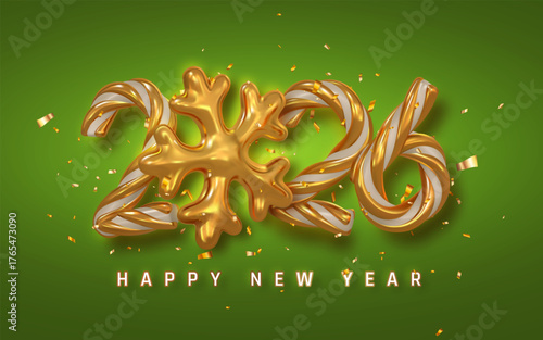 Golden Candy Numbers 2026 With Shiny Snowflake And Confetti On Green Background. Festive Christmas And New Year Holiday Design. Vector Illustration