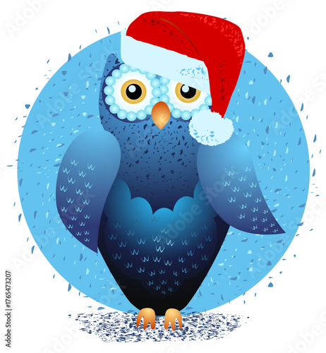 Cartoon owl with Santa Claus's hat, Christmas illustration. Vector image