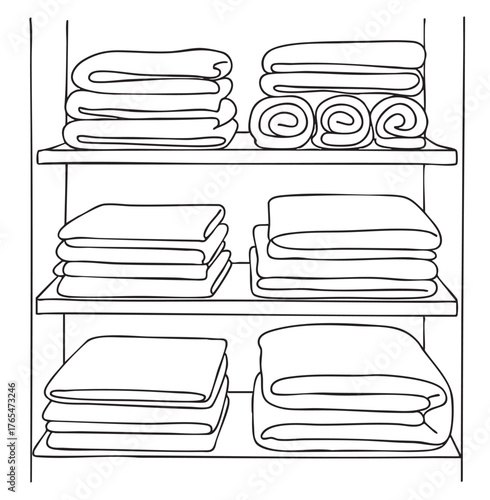 line sketch towels and bedding are stacked on shelves in closets