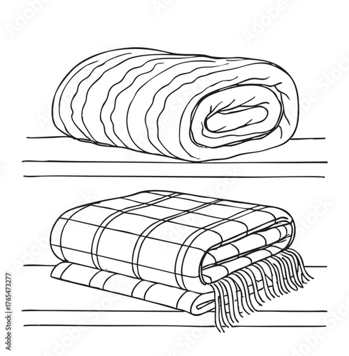 line sketch blanket and plaid, white and black different textures on the shelves on white background