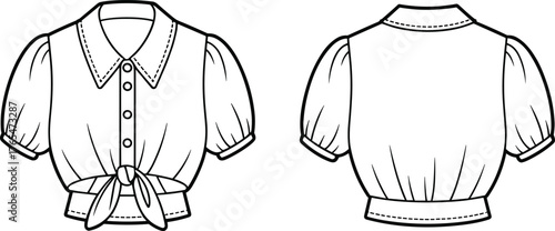 cad drawing flat vector illustration, women blouse fashion sketch, short sleeve tied shirt design, crop top technical flat drawingcad drawing flat vector illustration