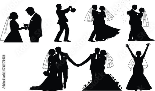 Bride groom silhouette, wedding ring moment, romantic kiss, bouquet celebration, cad drawing flat vector illustration, black icons, love sceneBride groom 