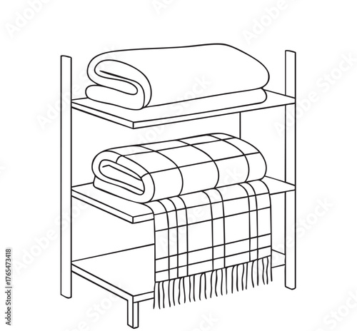 line sketch blanket and plaid, white and black different textures on the shelves on white background
