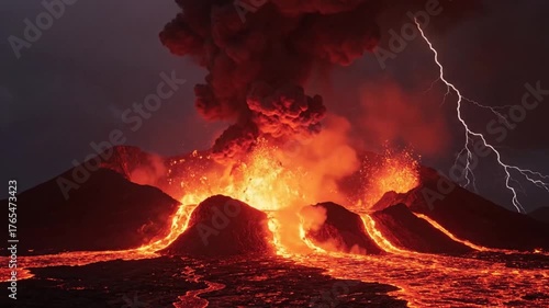 Volcanic Eruption with Fiery Lava Flow and Dramatic Lightning Strikes at Night.