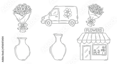 Vector illustration of flower shop elements and bouquets