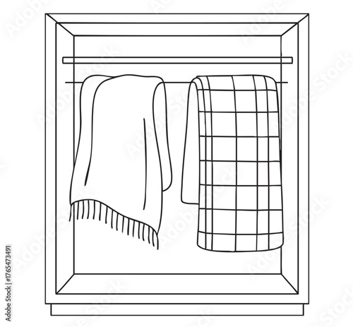 line sketch blanket and plaid, white and black different textures on the shelves on white background