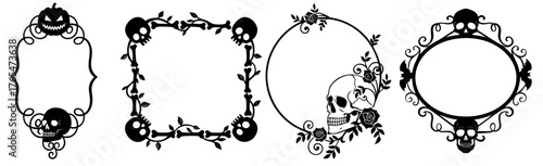 Halloween gothic frames and borders with pumpkins, skulls, vines and roses — ornate oval, square and round silhouettes with vintage horror ornament and spooky decoration