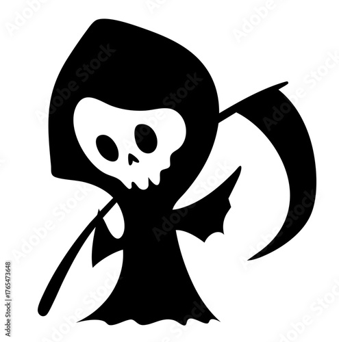 Grim Reaper Spirit — phantom figure in motion, cloak flowing like smoke, scythe raised to harvest lost souls in the night of Halloween