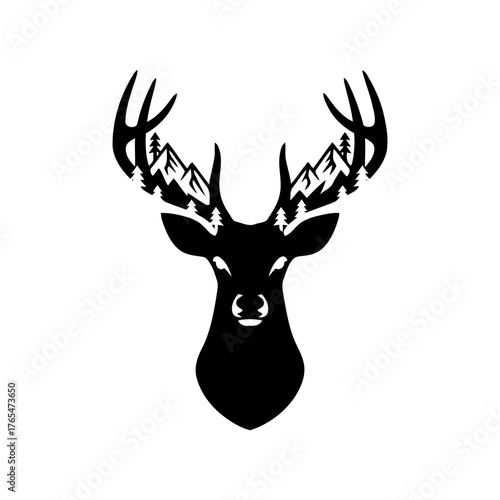 Vector art of silhouette of a deer head with mountain landscape