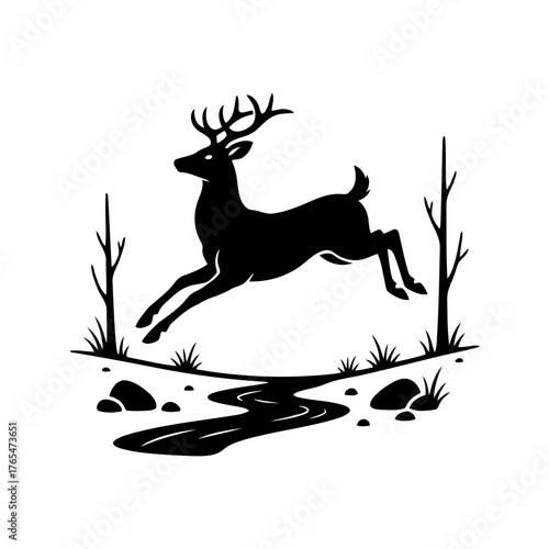 Vector art of silhouette of a deer jumping over a stream