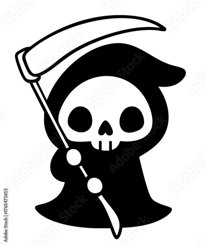 Silent Death — grim reaper in deep black hood with shining scythe, quiet watcher of mortal souls during the haunted night of October 31