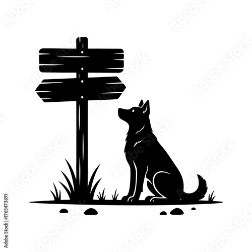 Vector art of dog sitting near a wooden signpost, vector illustration