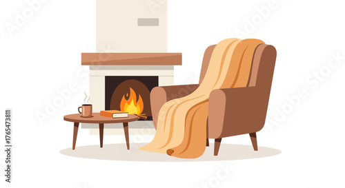 Cozy Living Room Scene Fireplace, Armchair, and Warm Blanket Create a Comfortable Ambiance Whisk_3748ebe5b1c53bdaeeb4b3ea76a2939adr