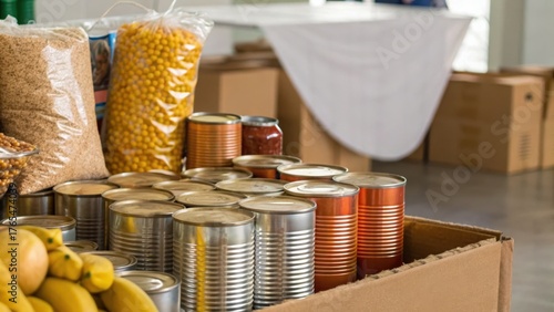 emergency food assistance Food storage items including canned goods and bags of grains in a warehouse setting.