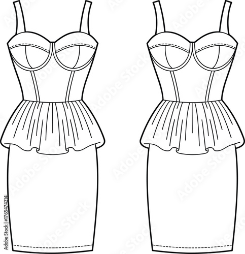 Women’s peplum corset bodycon midi dress flat sketch, bustier fitted fashion CAD template, technical drawing vector apparel design