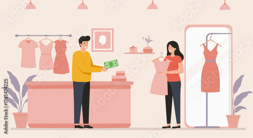 Man buying dress from woman at boutique counter with pink decor  