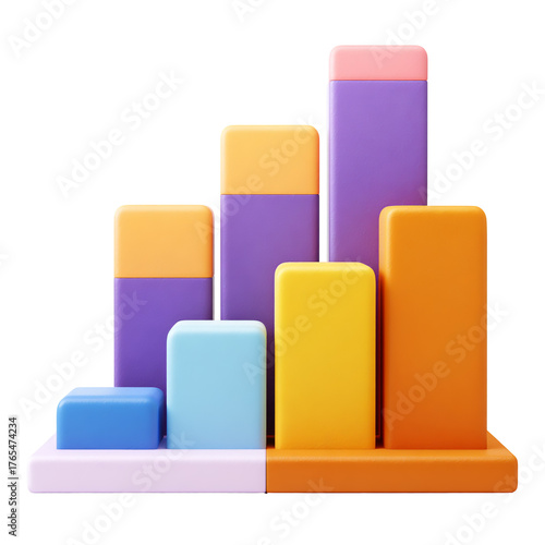 Colorful 3d bar graph showing business growth and success isolated on transparent background, financial chart and diagram concept