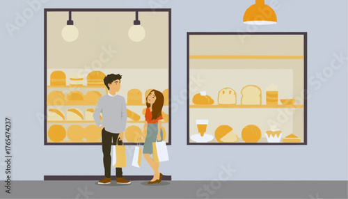 Young couple shopping together outside bakery with display window  