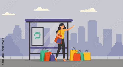Young woman waiting at bus stop with shopping bags in urban setting  