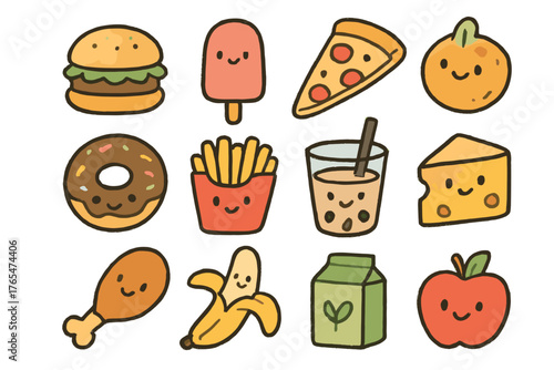 Playful food icons including burger, pizza, and fruit in colorful design  