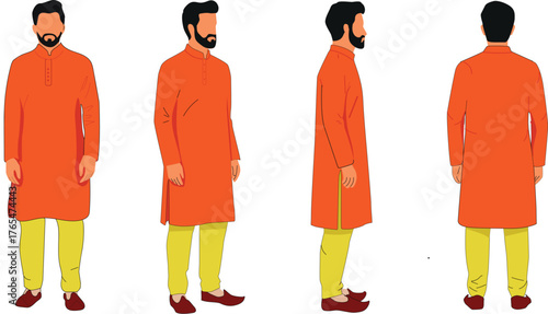 set of men wearing a festive or formal occasions full length. Indian character set