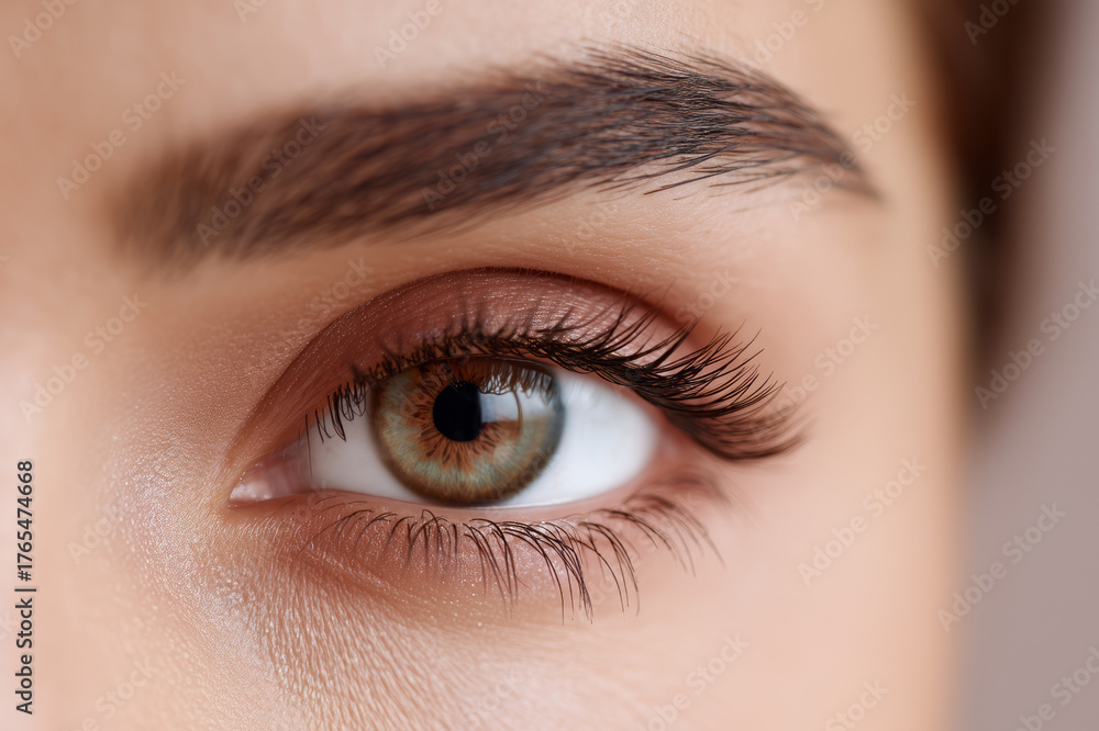 Fototapeta premium Close Up of Human Hazel Eye with Glittery Eyelashes and Defined Eyebrow On Neutral Tone Background
