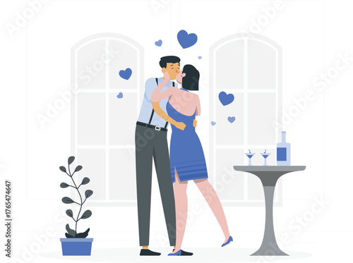 Romantic couple kissing with hearts floating around them romance love